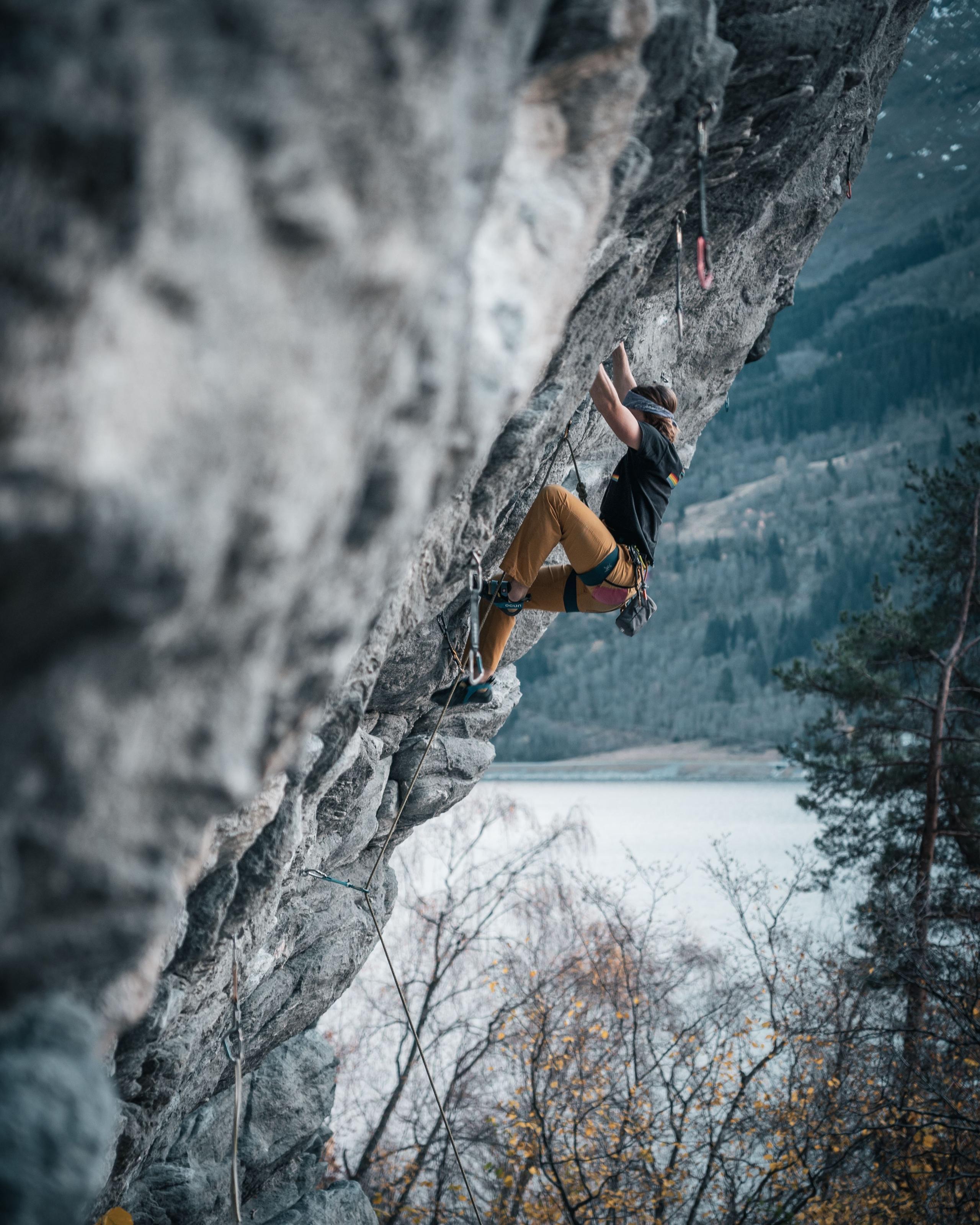 A climber in a harness ascends a steep rock face with a rope, overlooking a lake, trees, and mountains.