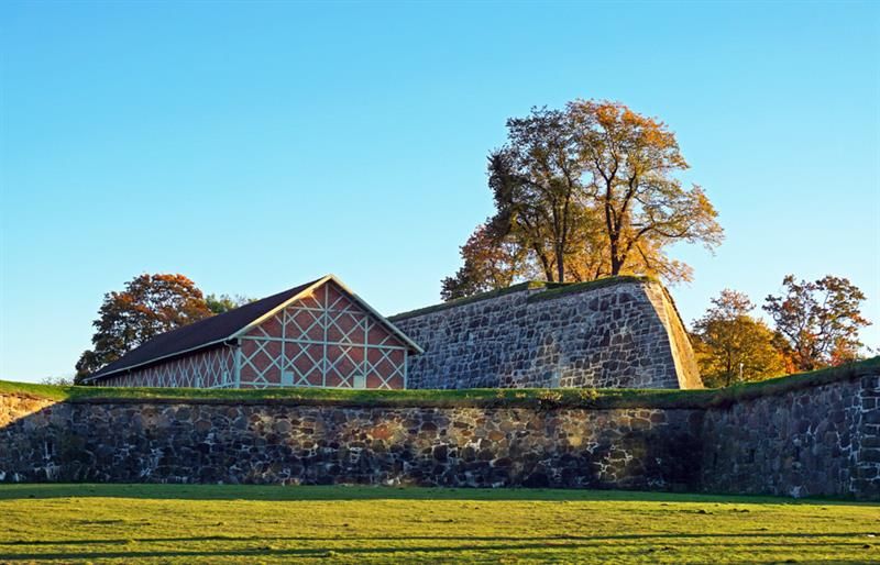 A lawn, a house and the wall.
