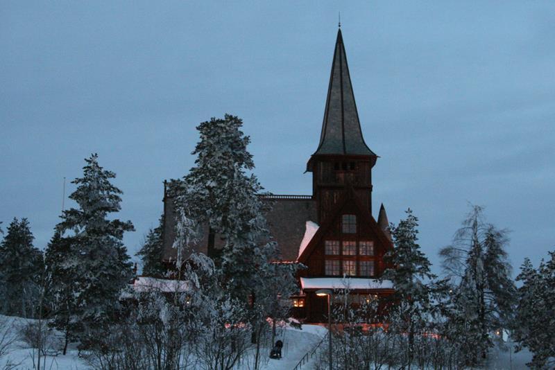 Church exterior during winter.