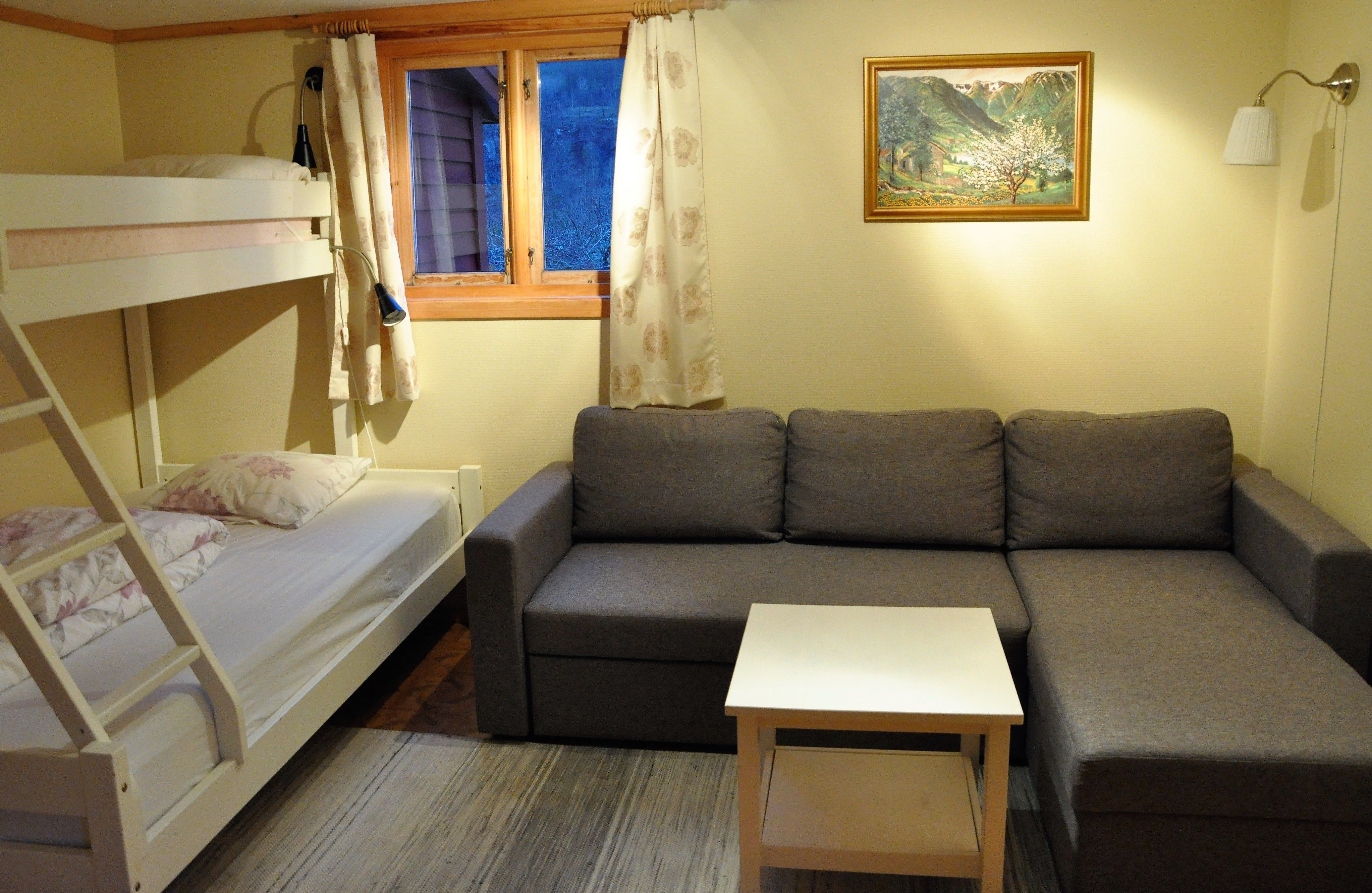 A bunk bed and a sofas in a bed room 