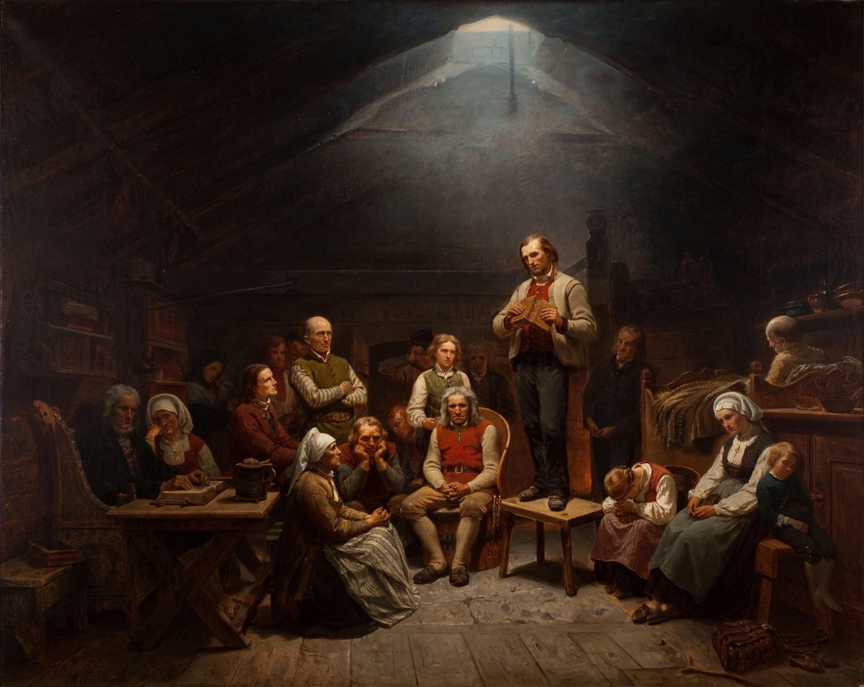 In the painting The Haugeans at Mandal Museum, Adolph Tidemand depicts the followers of the lay preacher Hans Nielsen Hauge. Photo: Kai-Wilhelm Nessle