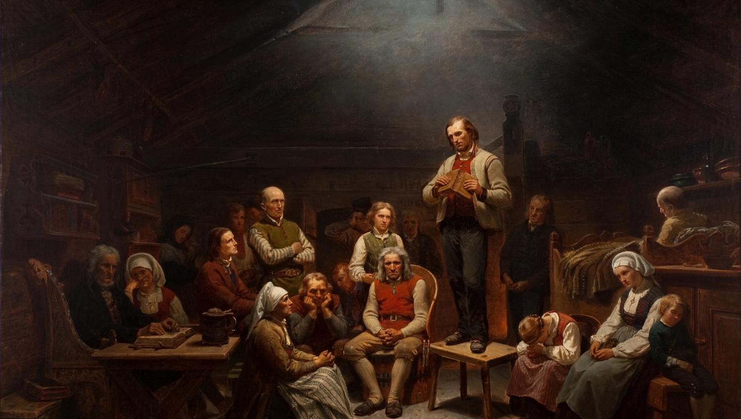 In the painting The Haugeans at Mandal Museum, Adolph Tidemand depicts the followers of the lay preacher Hans Nielsen Hauge. Photo: Kai-Wilhelm Nessle
