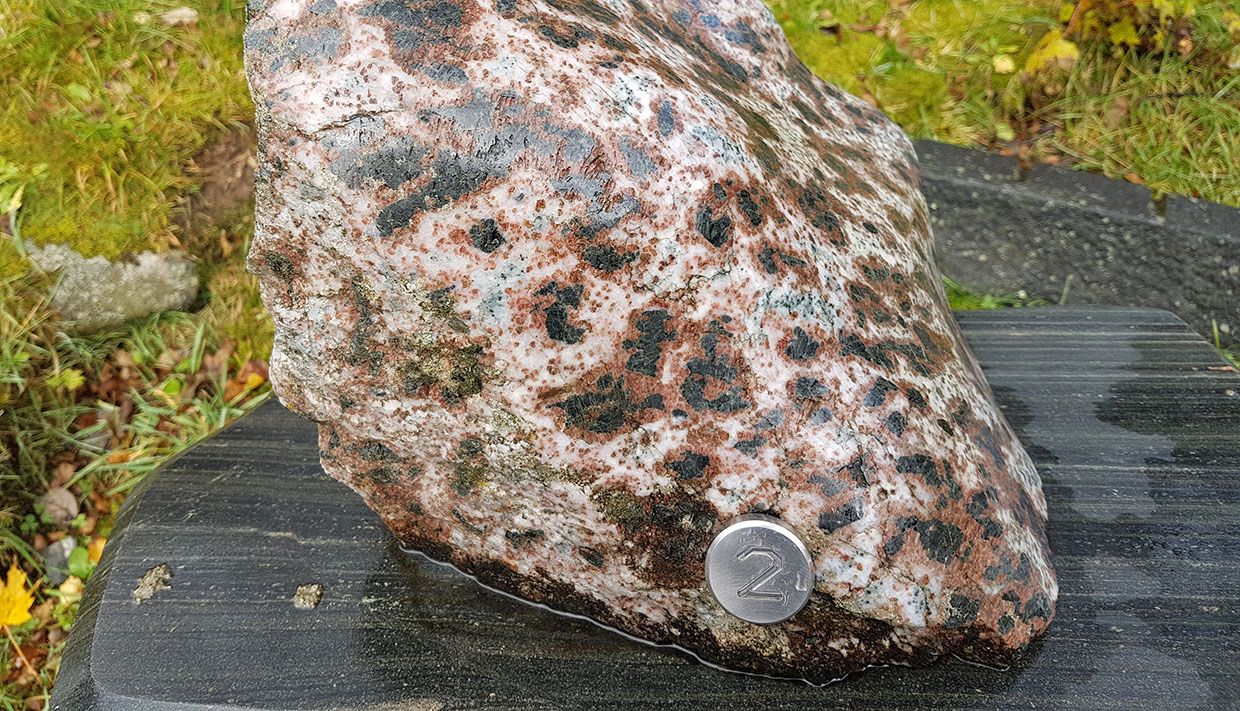 Geological rock sample from Steinparken Rosendal with distinctive Hardanger patterns and colours.