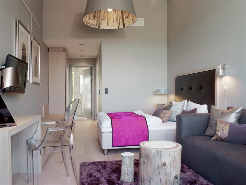 Guest room. Bed, couch and desk. Dark purple and deep pink decor. Photo.