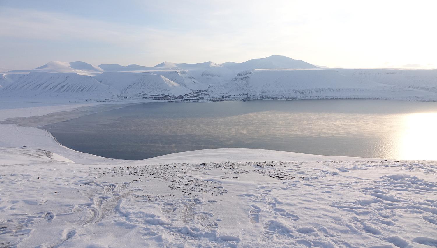Utsikten mot Longyearbyen fra Linken på en lys vinterdag