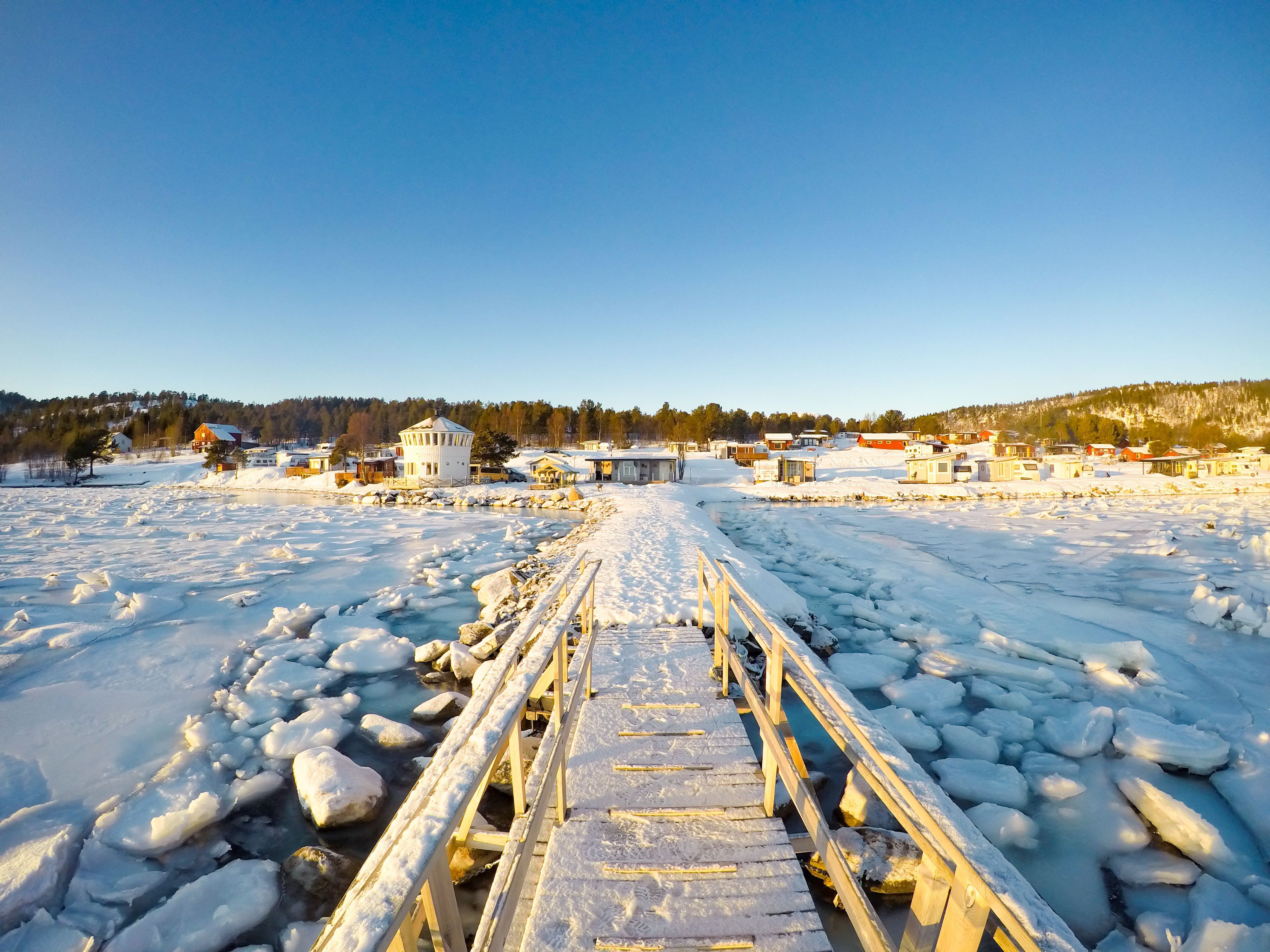 icy pier in sunshine