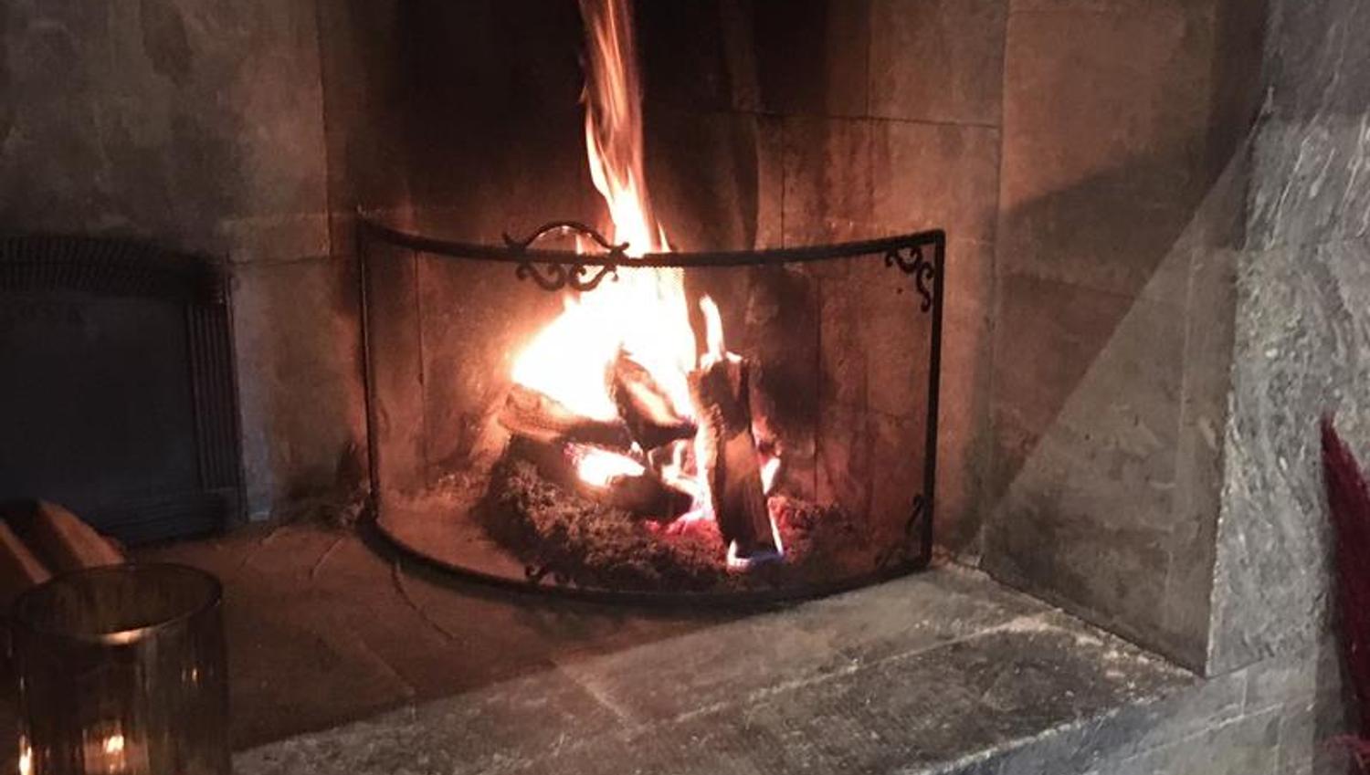 lit fireplace