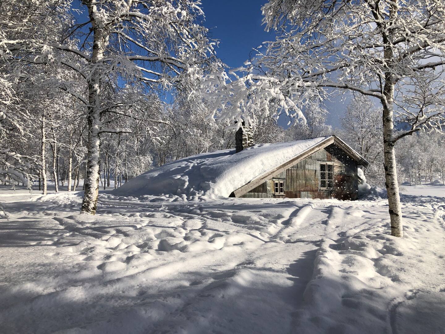 The cabin in a beautiful snowy landscape in winter