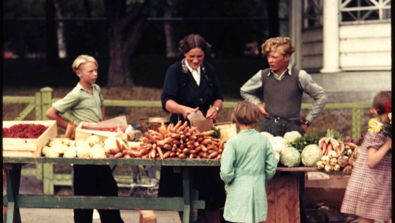 Levanger Fotomuseum -Grønnsaksalg på torvet. Foto: Renbjør.