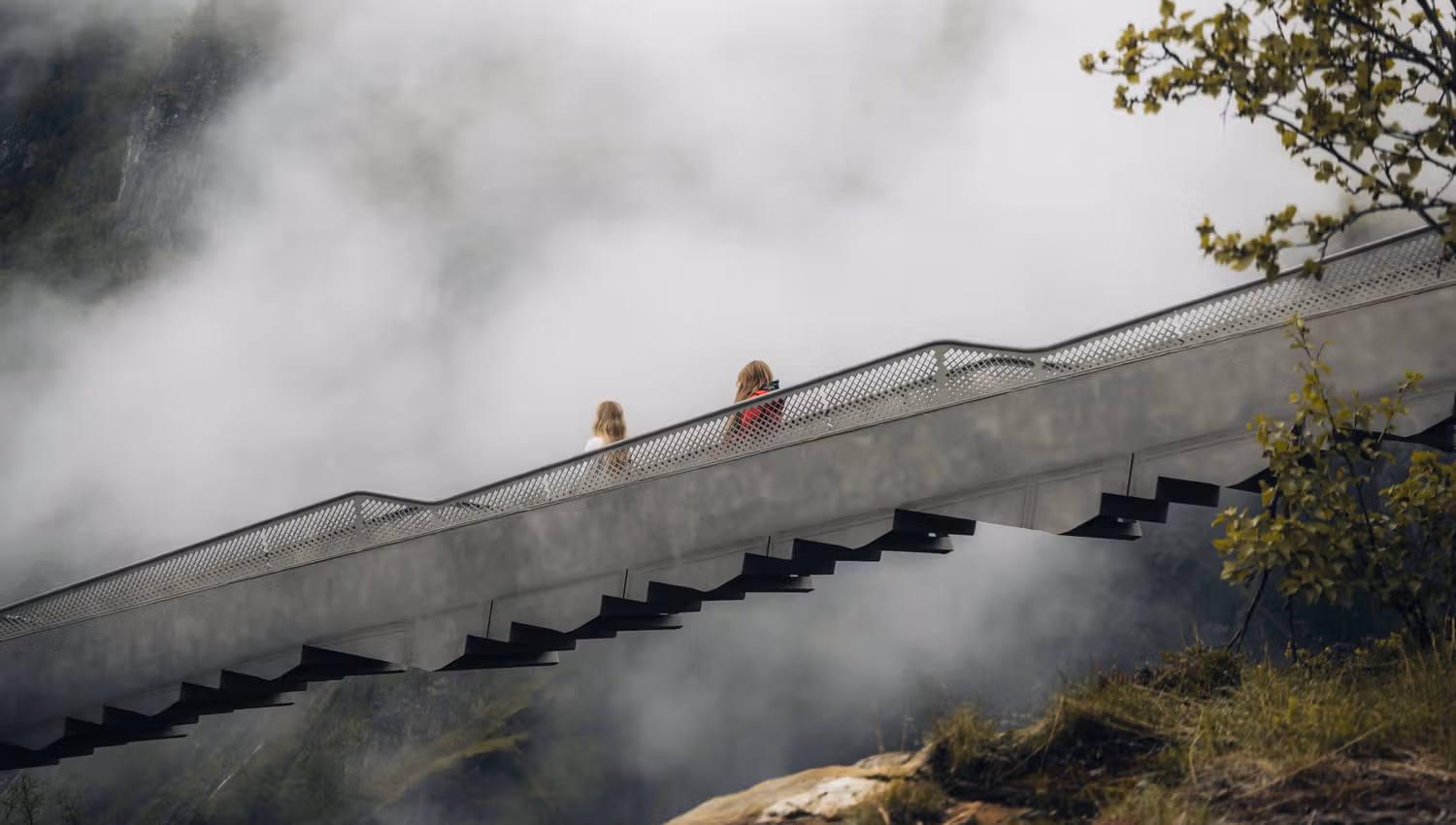 The step bridge seen from the side, with two women walking down the bridge.
