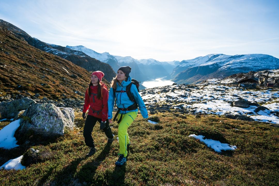 Two hikers on Mount Hoven in Loen, Nordfjord.