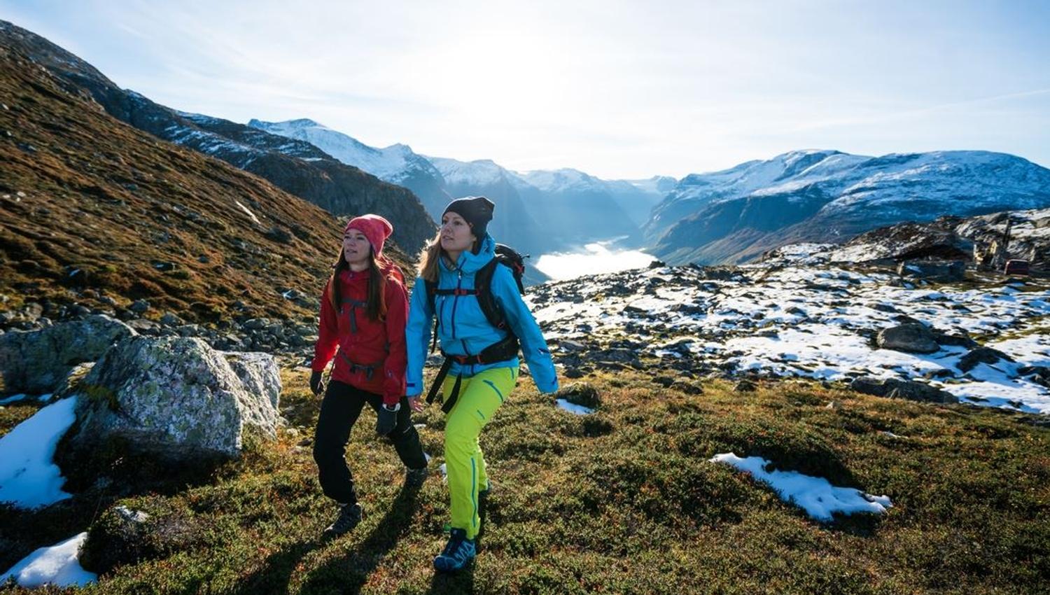 Two hikers on Mount Hoven in Loen, Nordfjord.