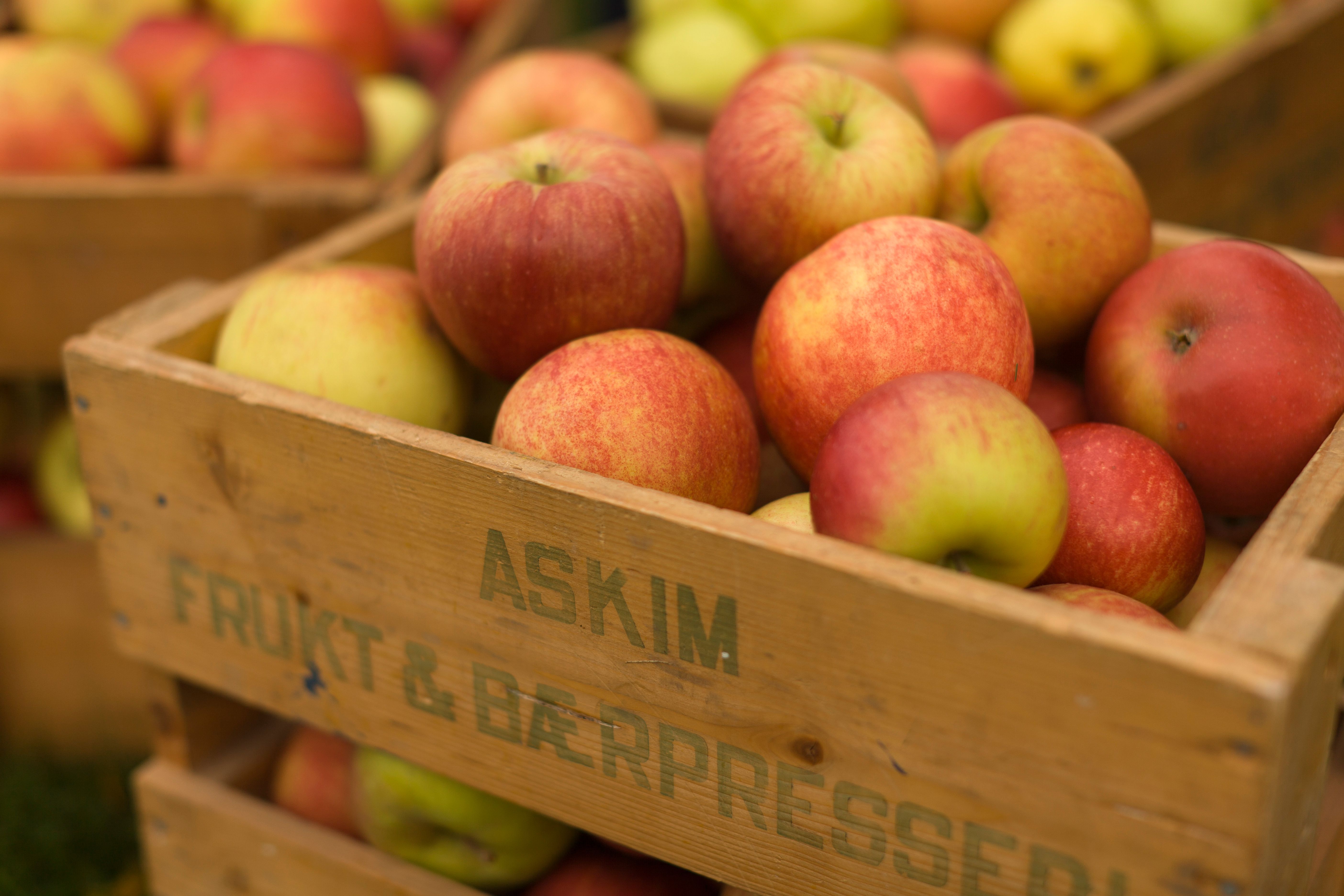 Wooden crates filled with red and yellow apples are stacked. The crate is labeled “Askim Fruit and Berry Press.” The apples look fresh and juicy, and 