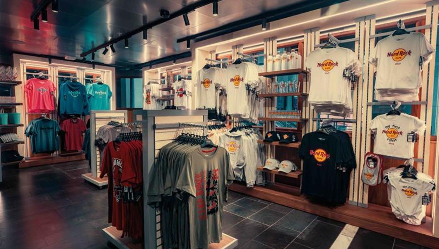 Hard Rock Cafe T-shirts hanging in the shop