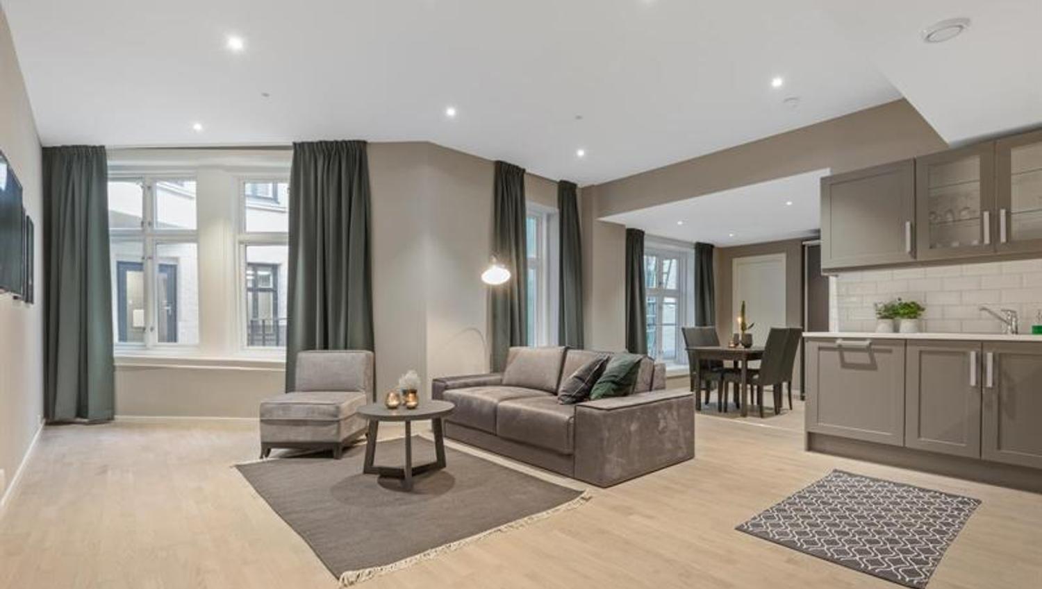 Open plan kitchen, dining and living room solution in one of the apartments
