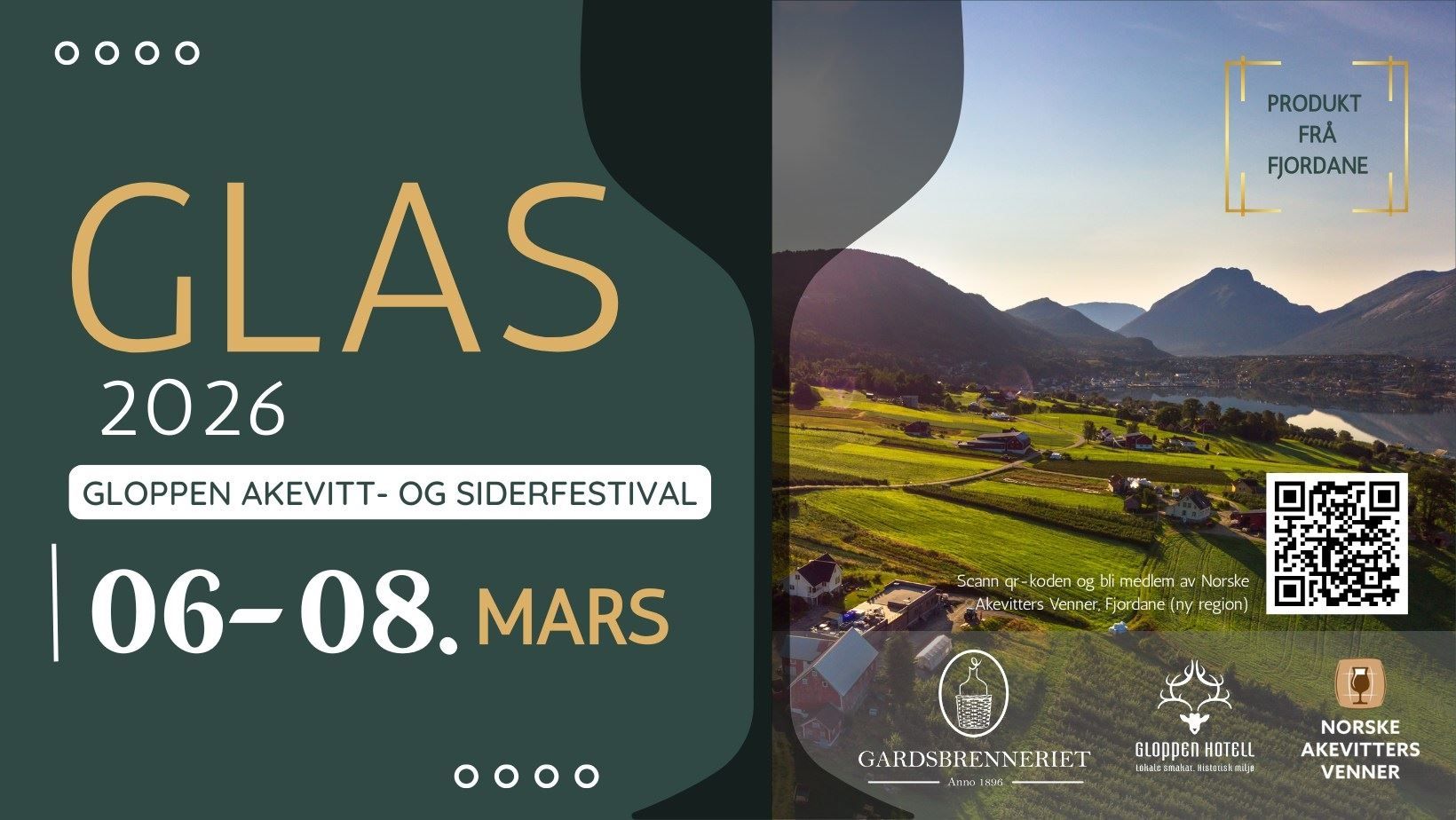 Promotional poster for GLAS 2026 with dates, a fjord valley landscape photo, and a QR code on the right.