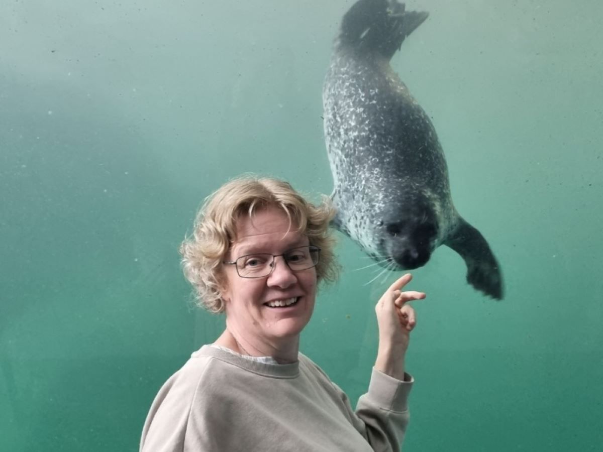A person pointing at a seal in an aquarium