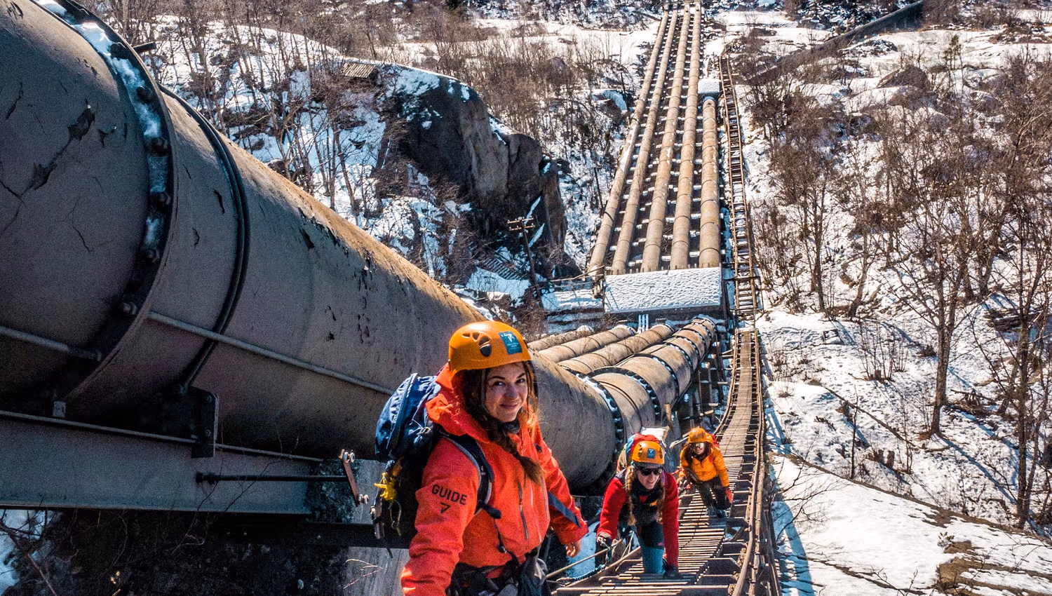 Winter climb on Via Ferrata Tyssedal along the historic pipeline route.