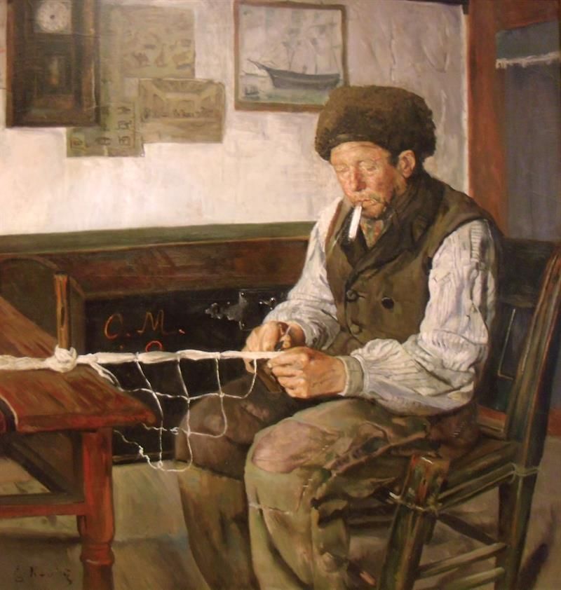 Traditional Norwegian painting of an old fisherman mending nets, inspired by coastal culture.