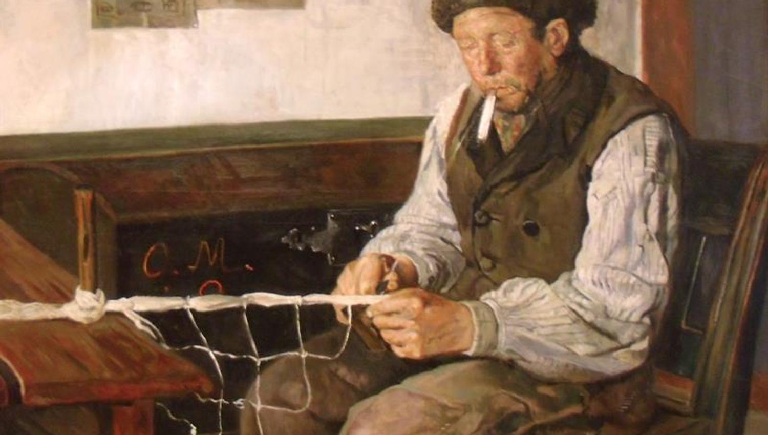 Traditional Norwegian painting of an old fisherman mending nets, inspired by coastal culture.