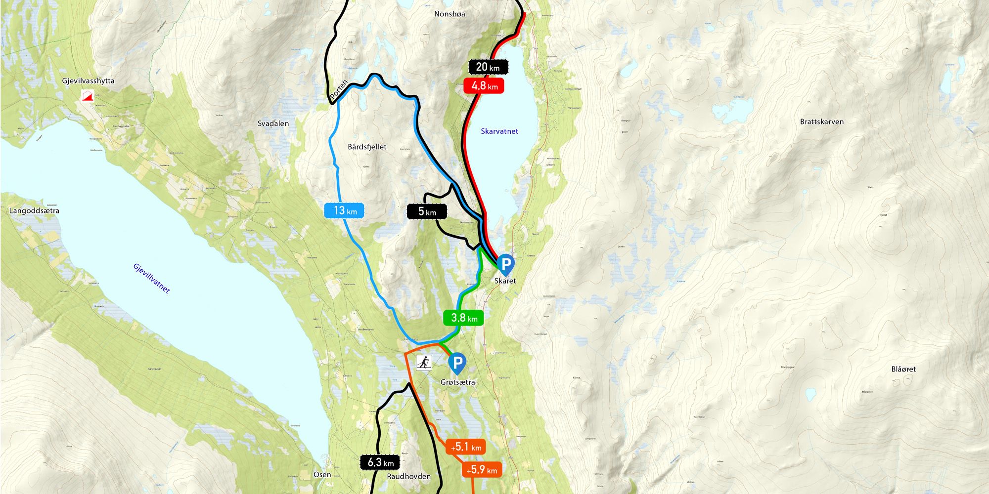 Kart over langrennspor fra Skaret i Oppdal