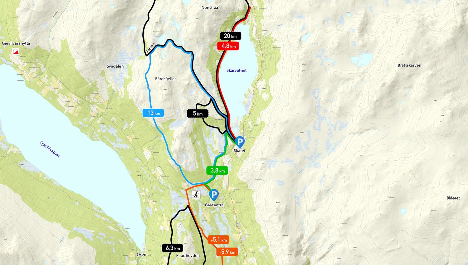 Kart over langrennspor fra Skaret i Oppdal