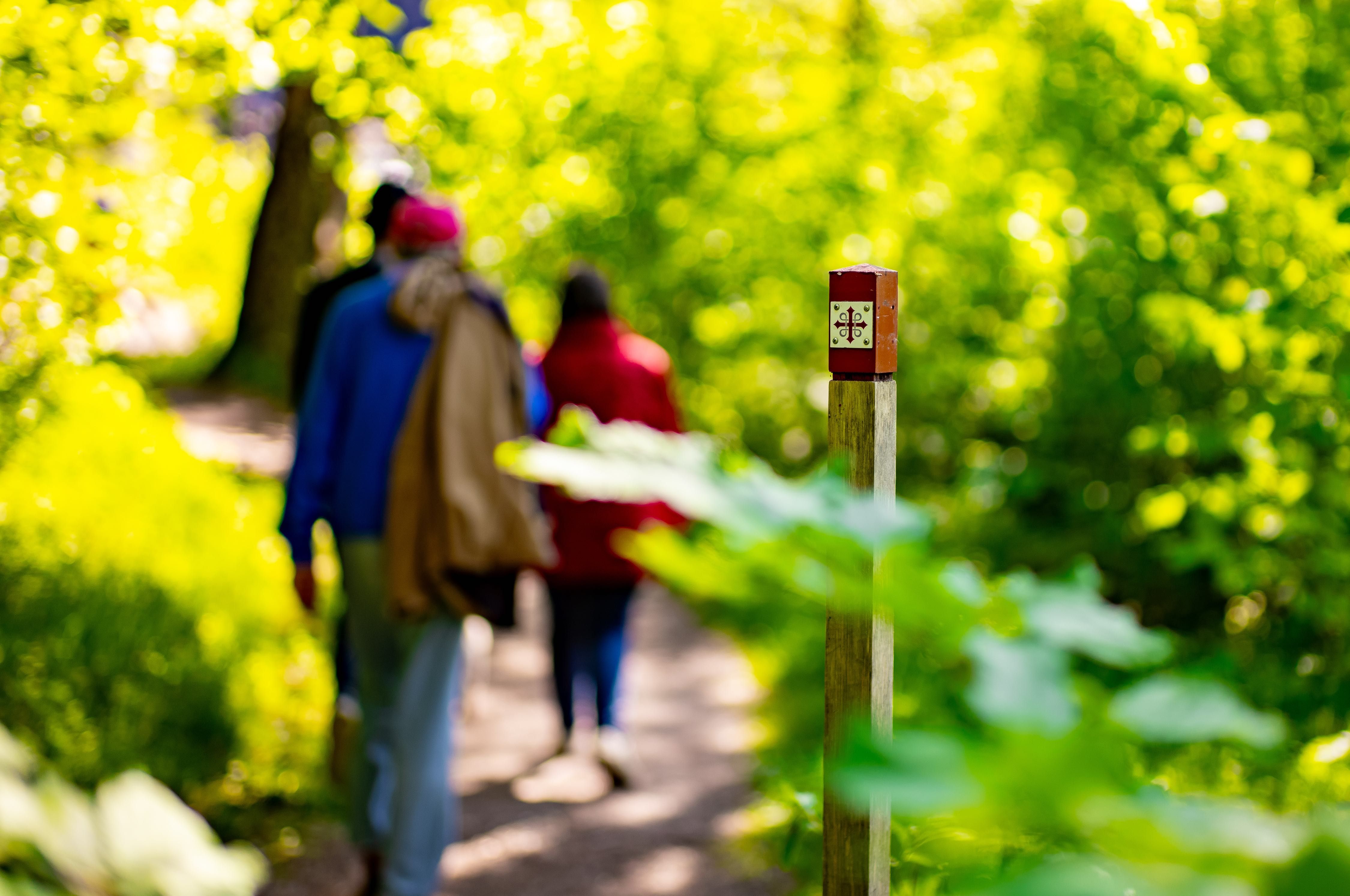 people walking the pilgrimtrail, a markingstick for the path 