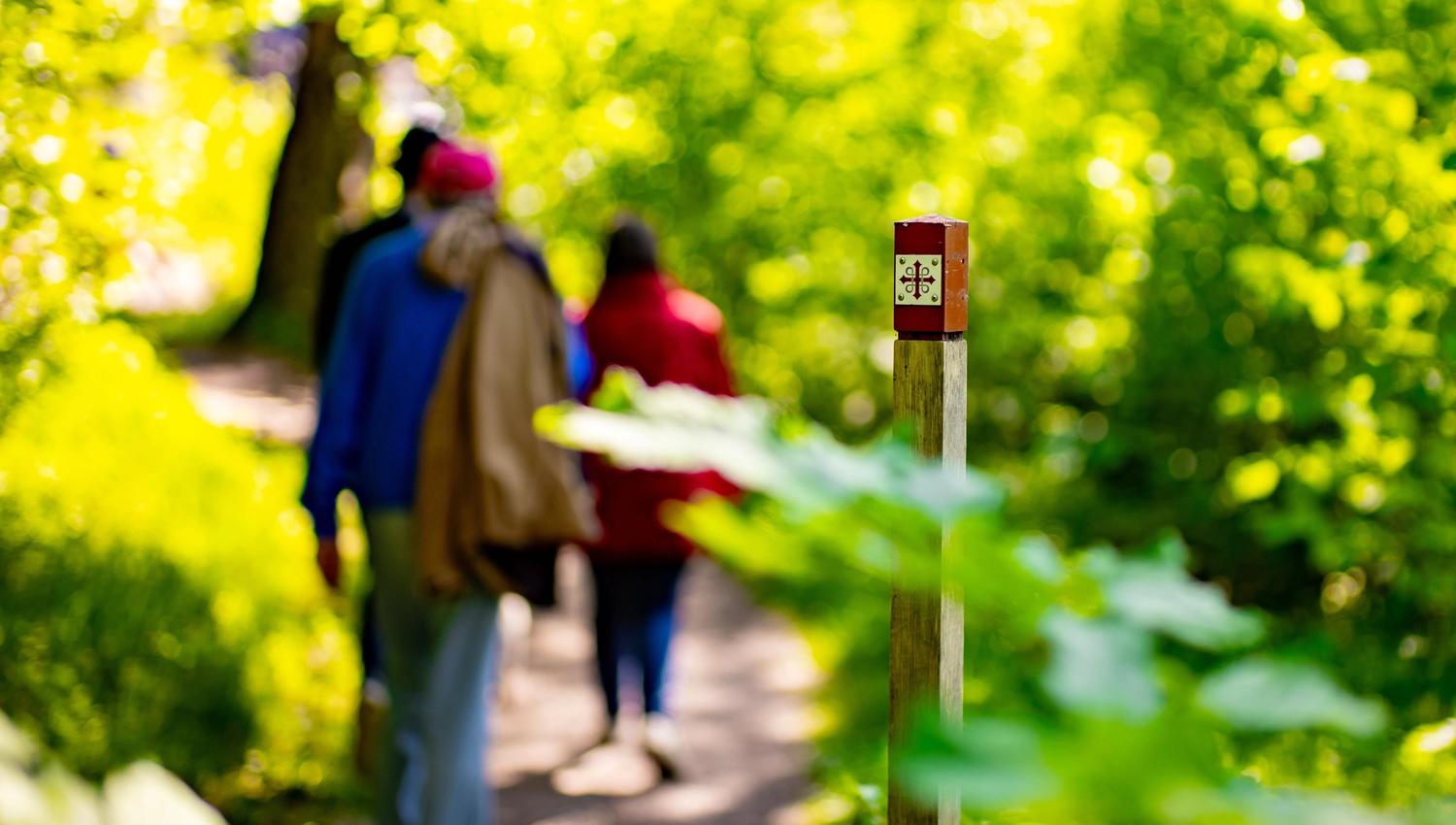 people walking the pilgrimtrail, a markingstick for the path