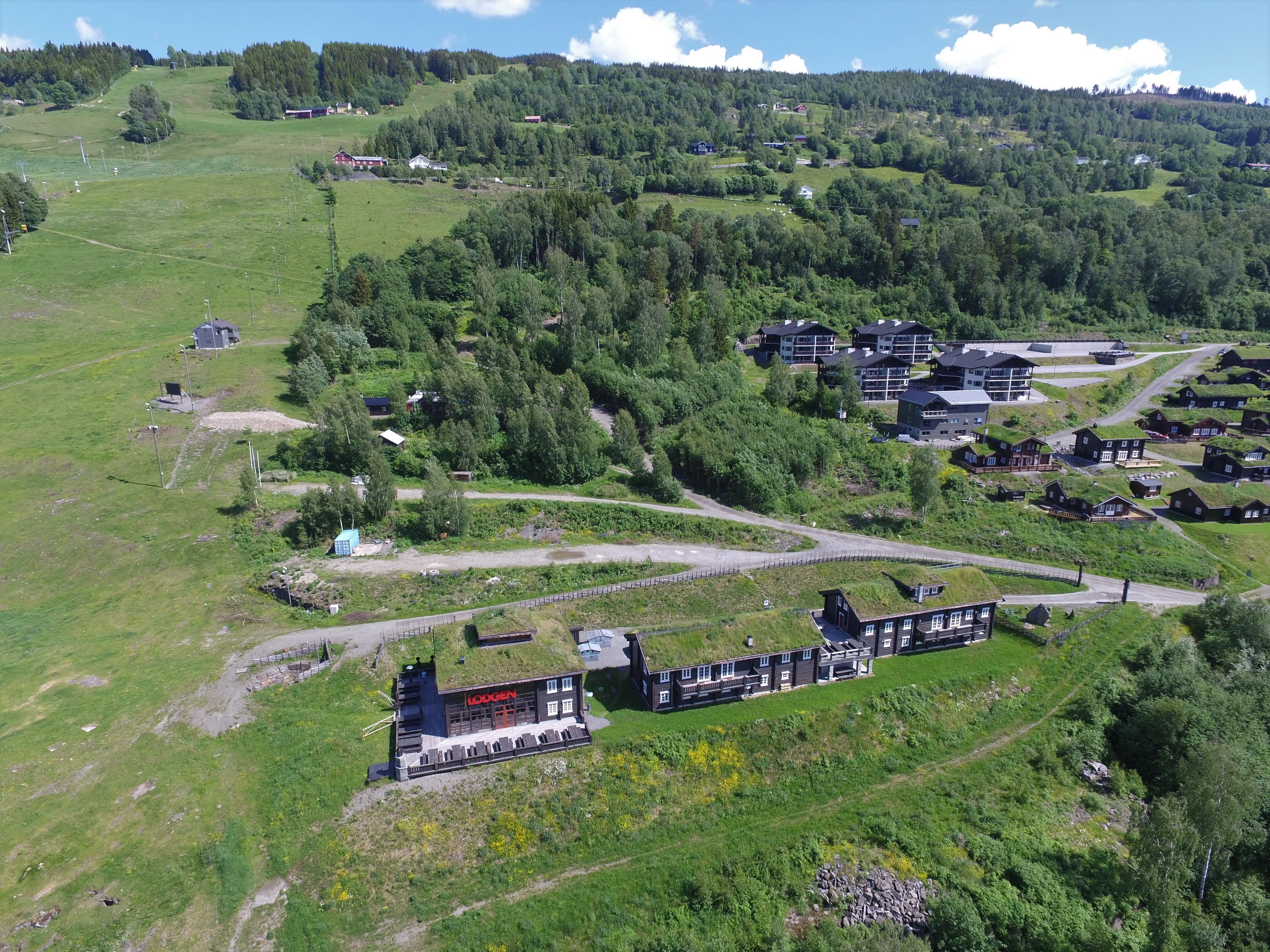 Flygvy över grön fjällsluttning med skog, vägar och flera lodger och stugor under blå himmel.