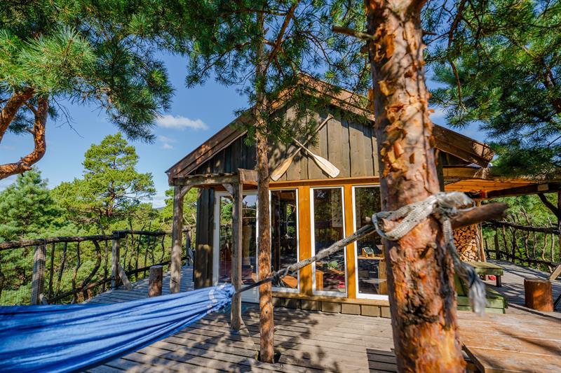 A treehouse with a hammock in front.