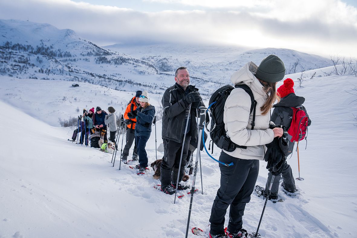 Snowshoe group in a line, admiring the winter landscape in Hardanger.