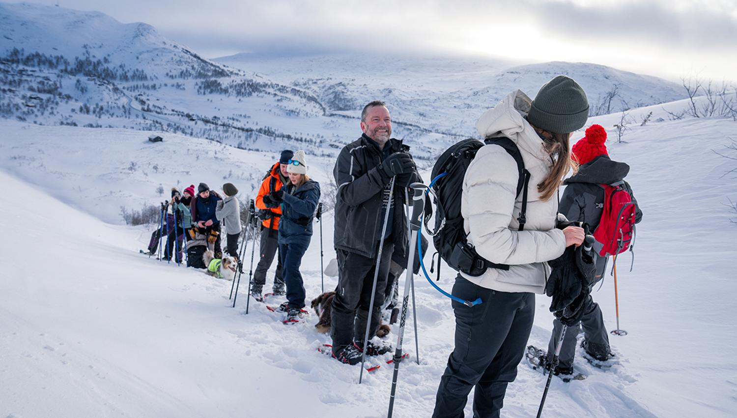 Snowshoe group in a line, admiring the winter landscape in Hardanger.