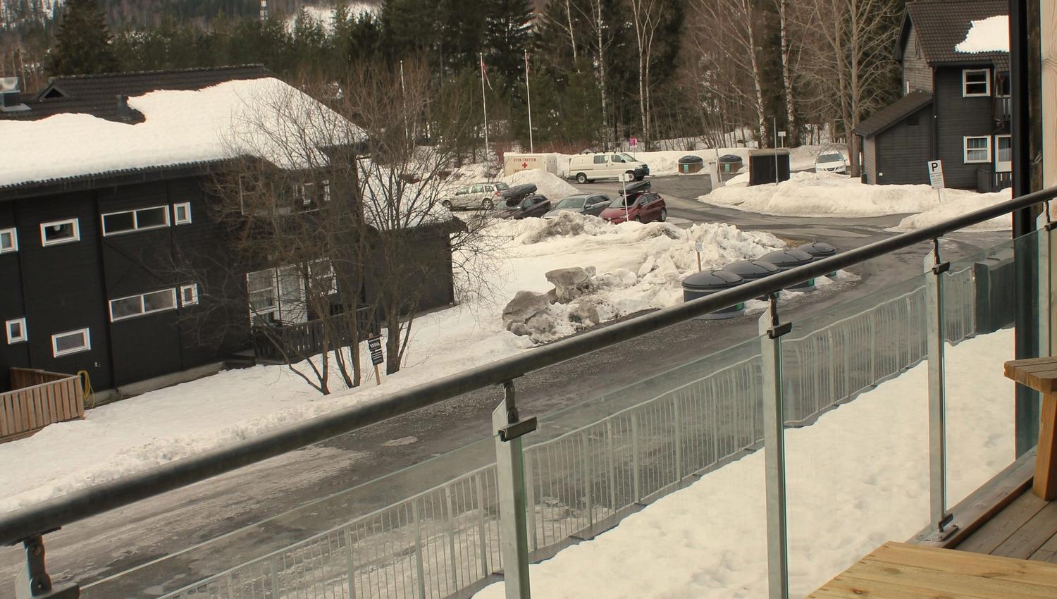 A balcony overlooking a snow-capped mountain and a road.