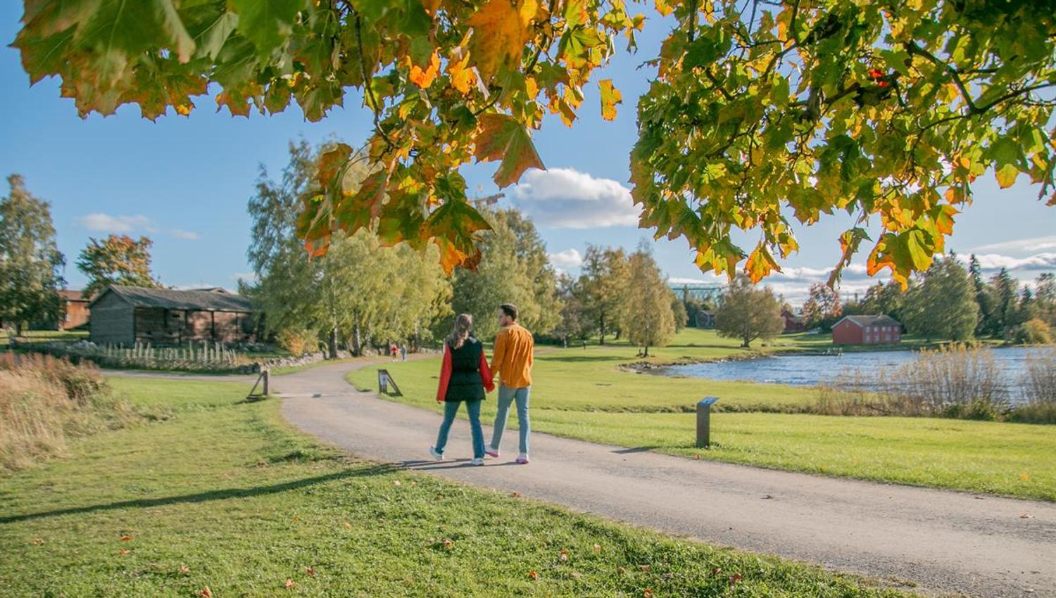 To personer går på en parkvei omgitt av grønt gress og trær med høstfarger.