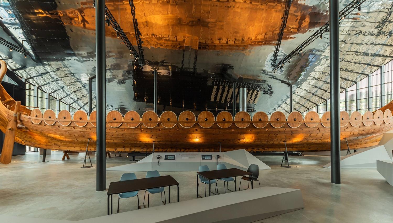 The impressive Viking ship Myklebust Ship displayed inside Sagastad Viking Center.