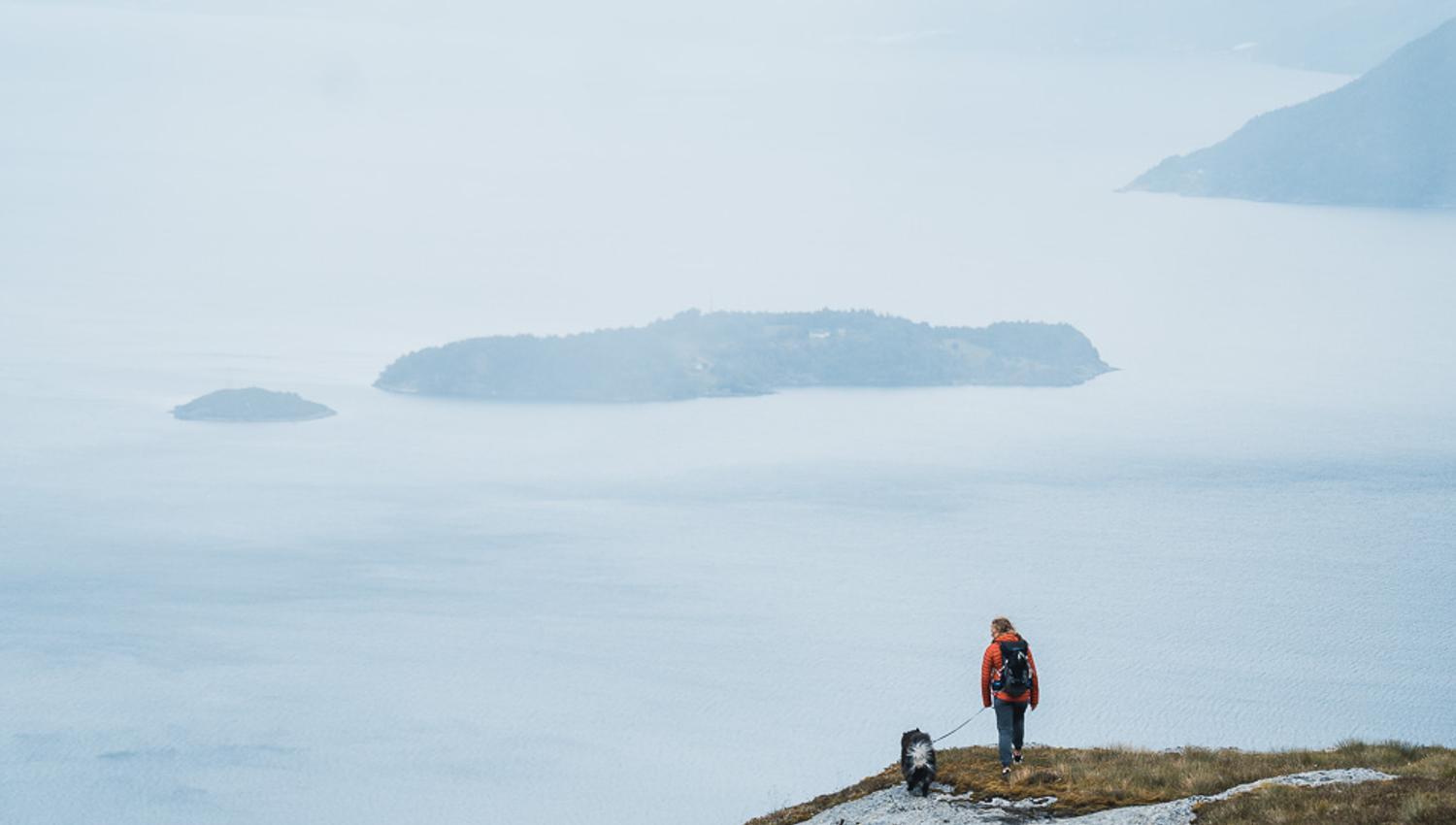 Woman and dog hiking in the mountains over the Hardangerfjord.