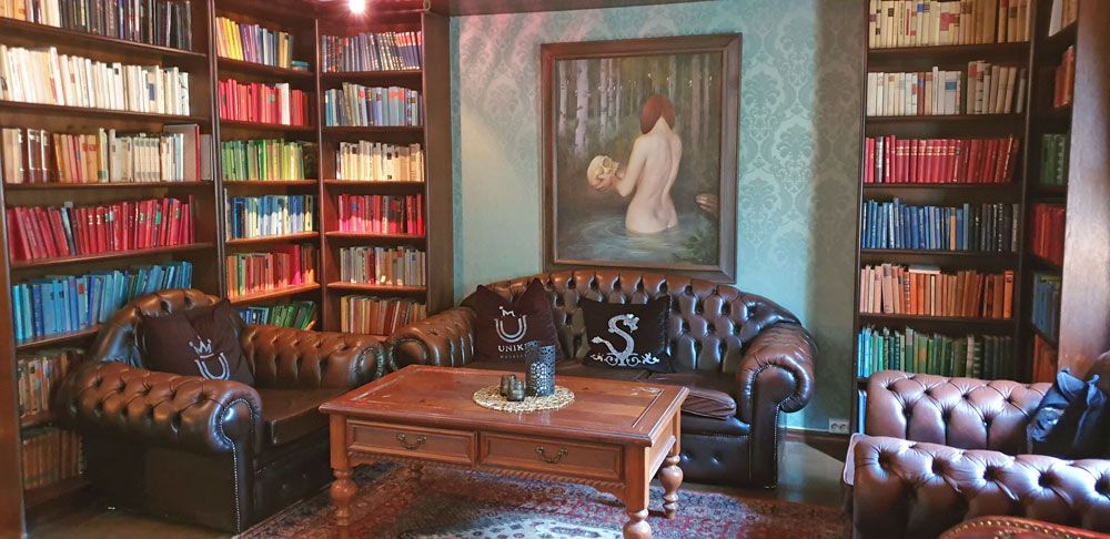 cozy seating area at the library of Seljord Hotell 