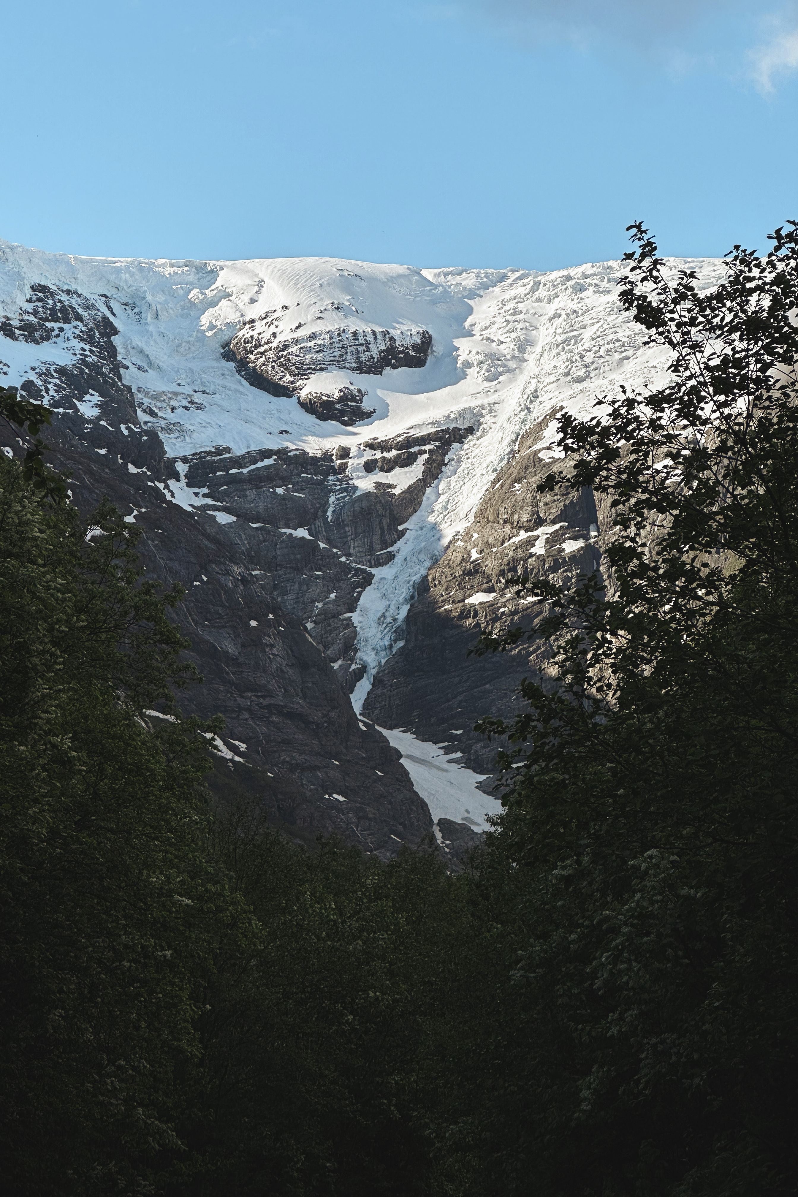 Snow and ice cling to a rugged mountain face above a dark green forested valley under a clear blue sky..