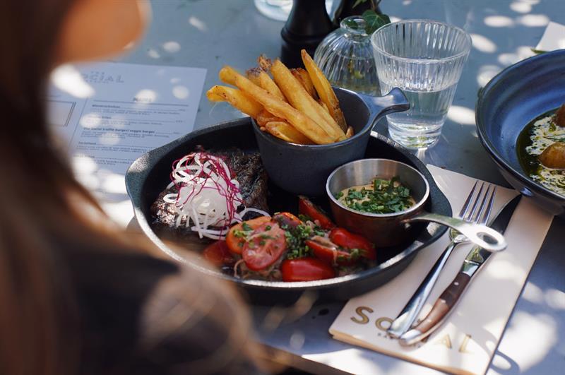 Dinner plate with fries and steak