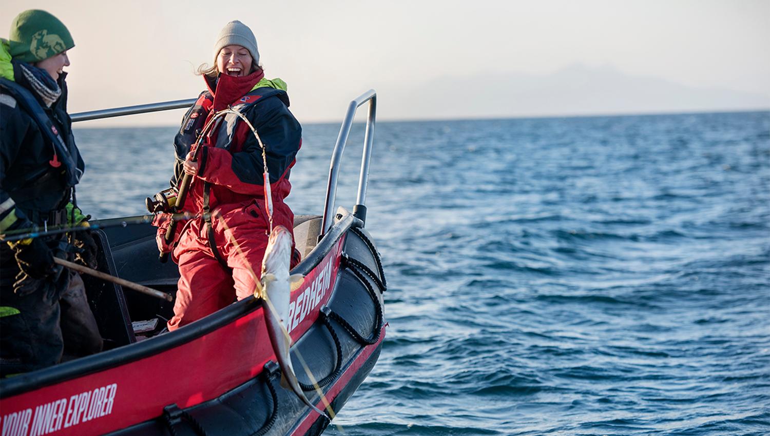 En guide som står ved siden av en gjest i en RIB båt hvor gjesten holder en fiskestang med en fisk på kroken som henger i lufta ved båten