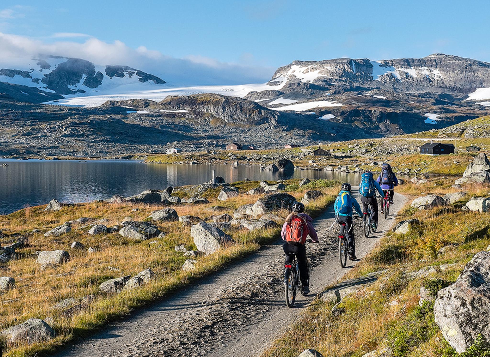 Radfahrer auf dem Rallarvegen in Hardanger, umgeben von schneebedeckten Bergen und Gletschern an einem klaren Sommertag.