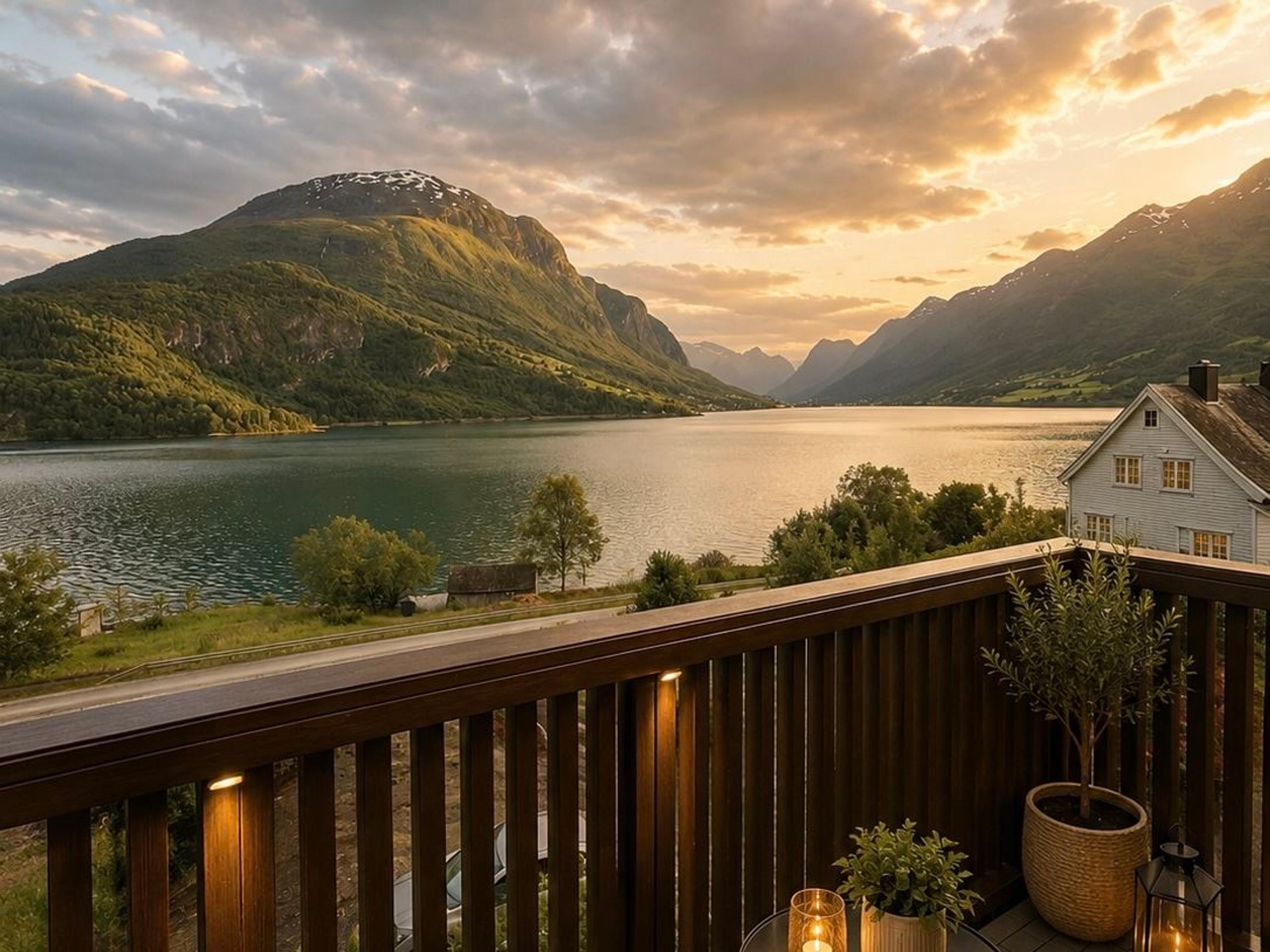 Utsikt frå ein treveranda mot ein stille fjord, grøne fjell og skydekt solnedgang, med hus til høgre..