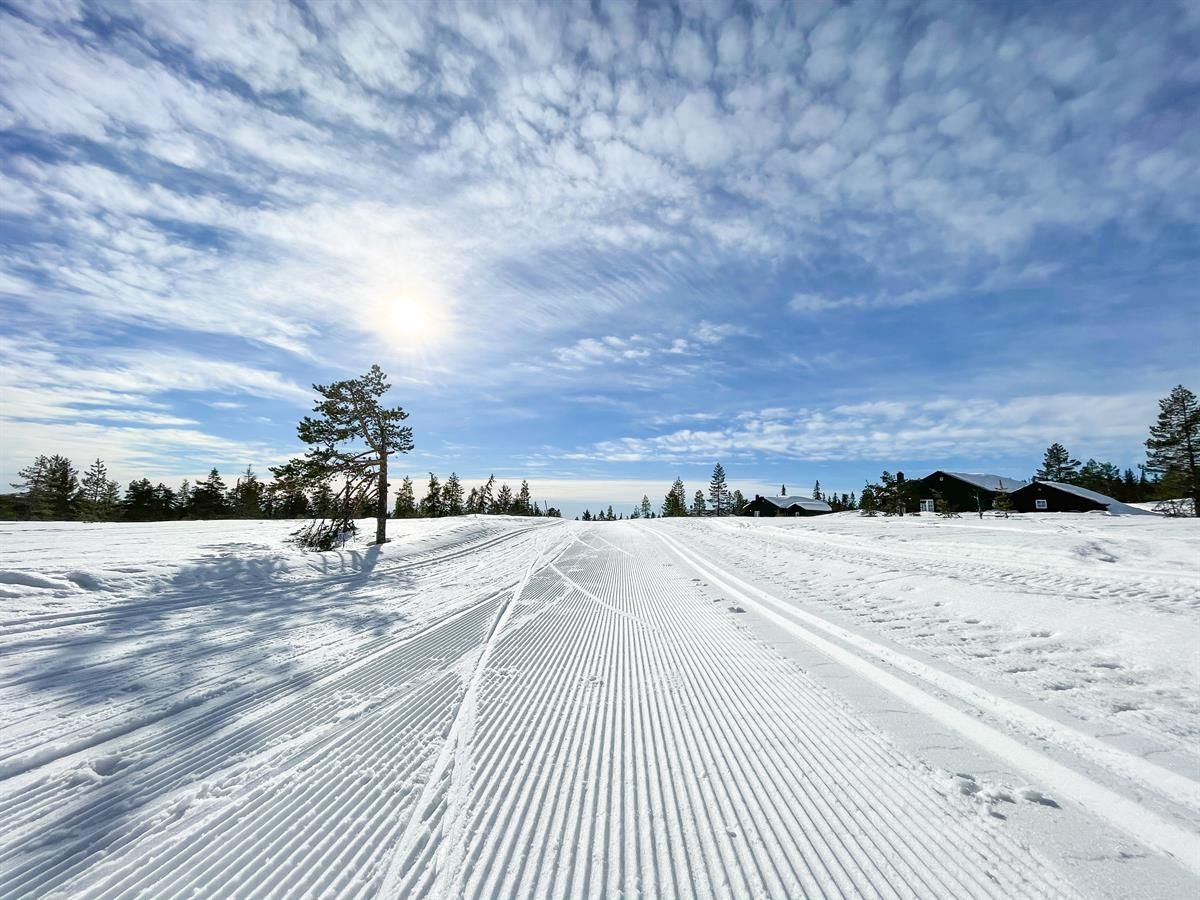 Freshly groomed ski tracks stretch across an open winter landscape, with low winter sun and a textured, cloud‑filled sky above the horizon.