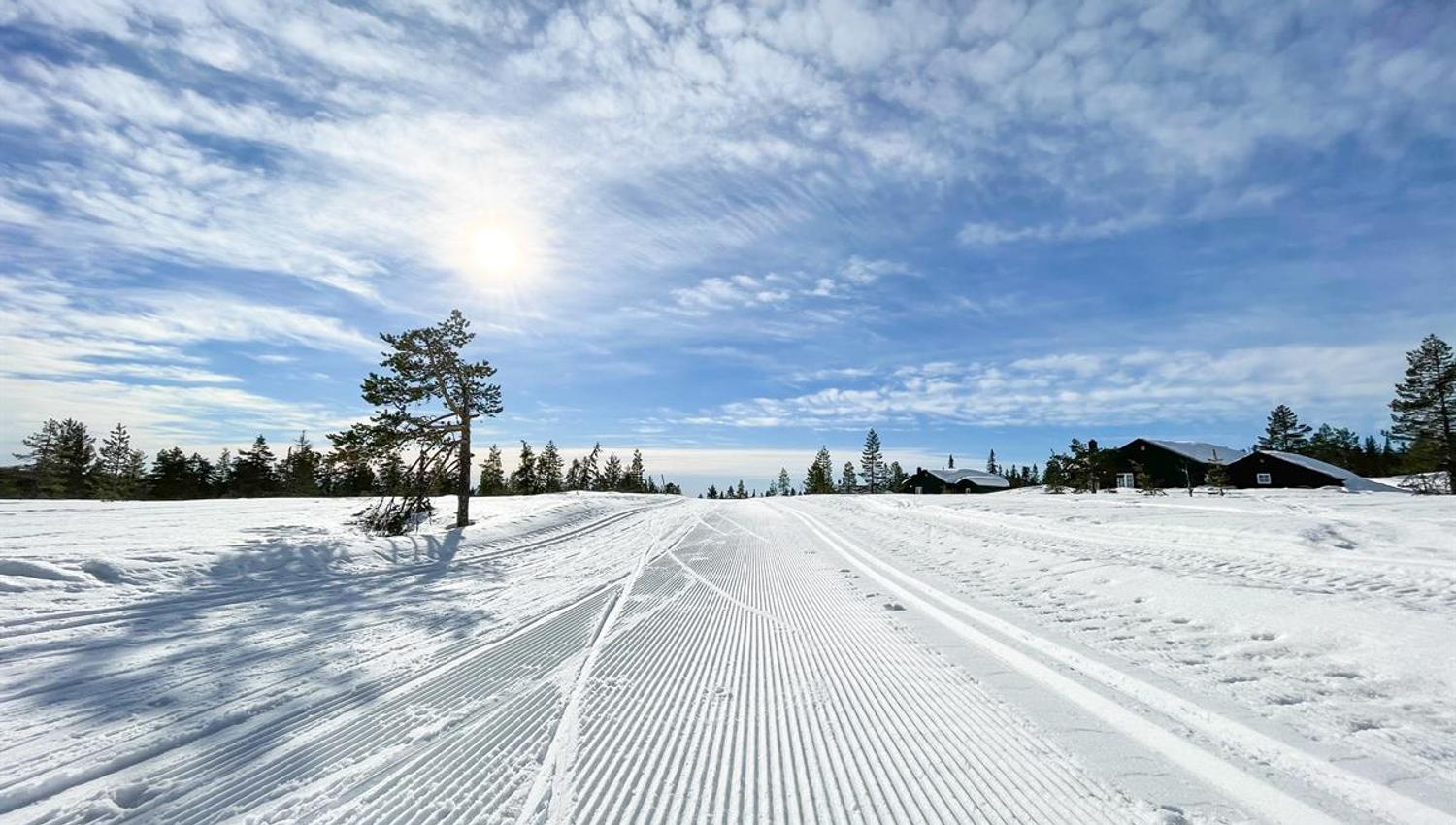 Freshly groomed ski tracks stretch across an open winter landscape, with low winter sun and a textured, cloud‑filled sky above the horizon.