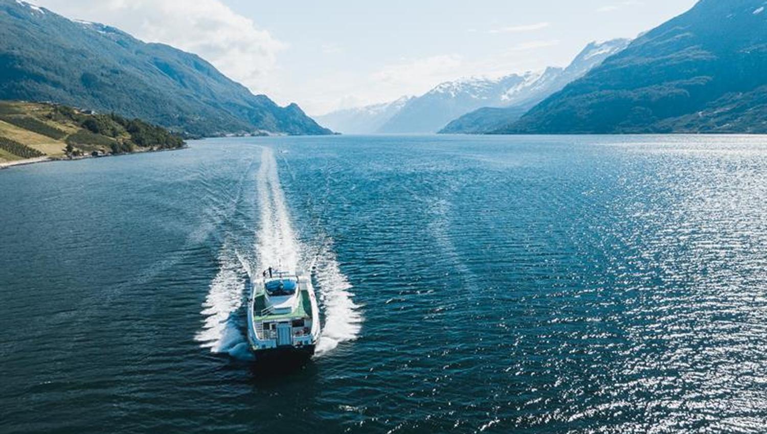 Fjordcruisebåten frå drone over Hardangerfjorden med solrefleksar i vatnet og frukttre i lia på eine sida.