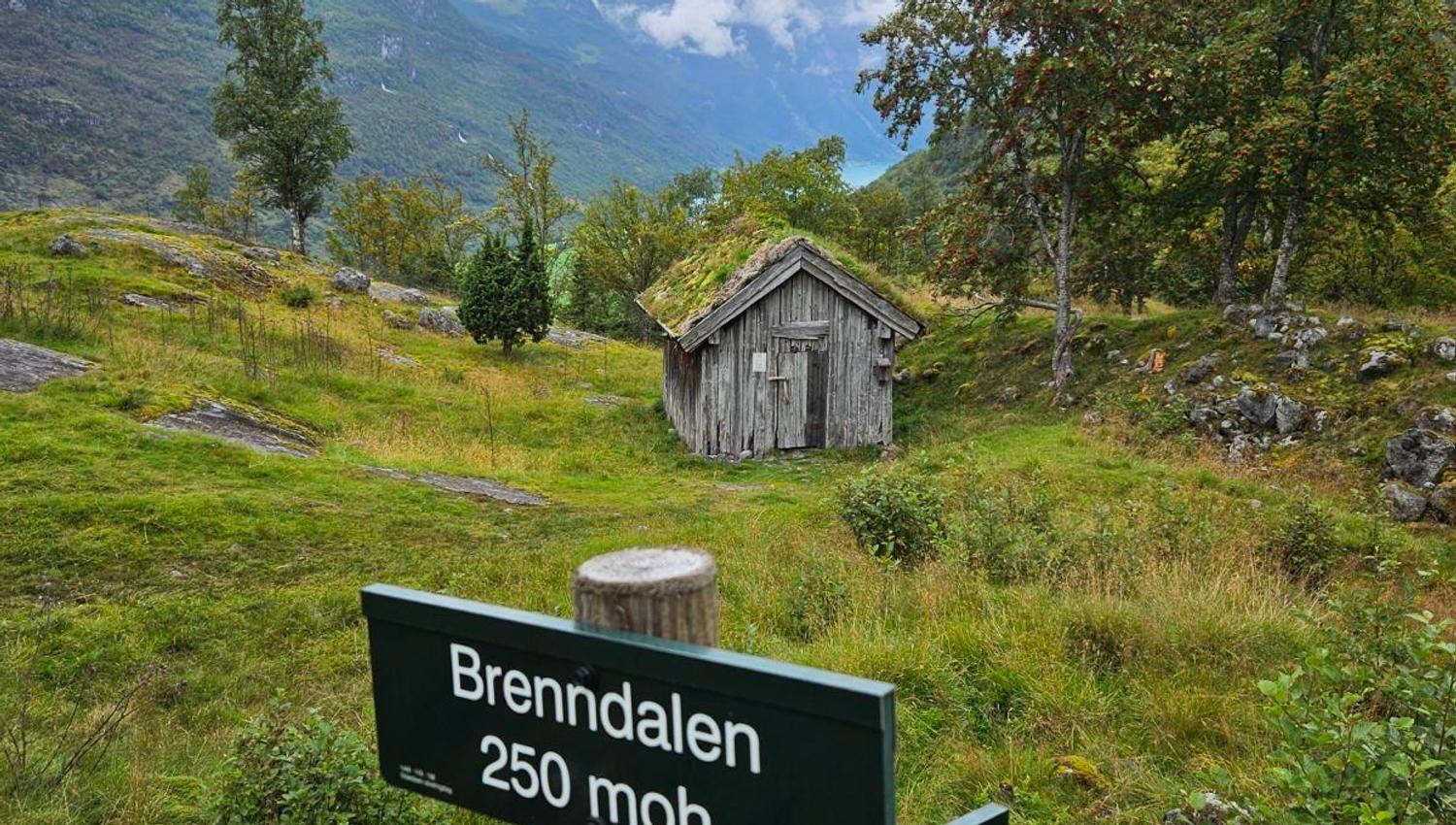 Green trail sign in grassy meadow with a small wooden cabin, trees, and misty mountains under cloudy sky..