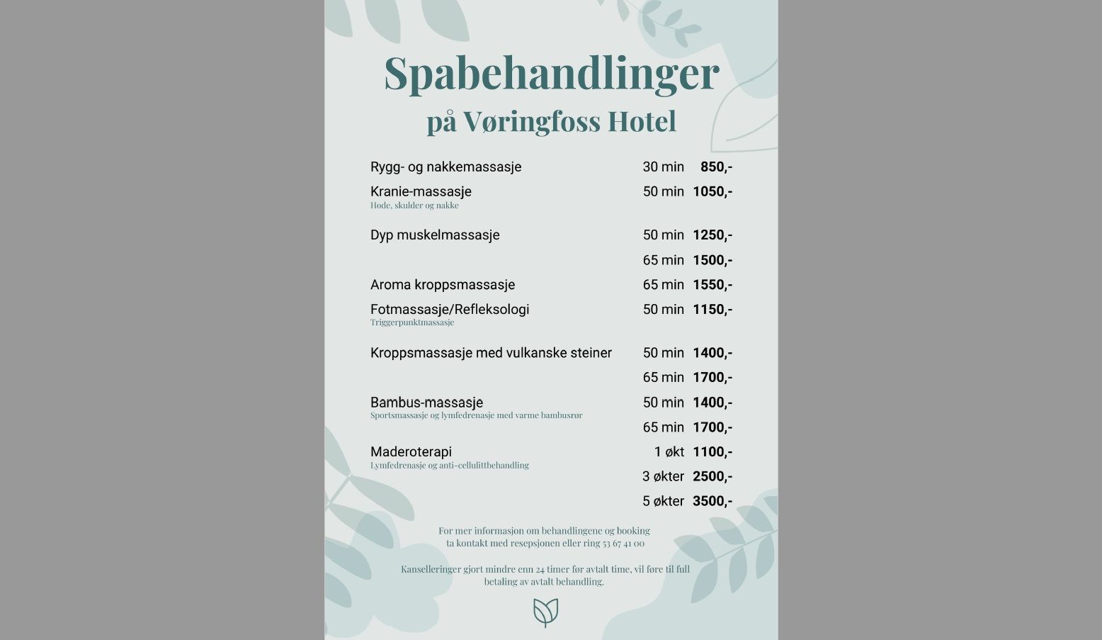 A spa menu in norwegian.