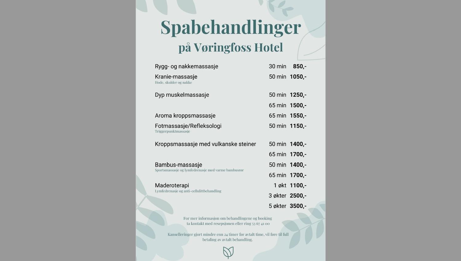 A spa menu in norwegian.