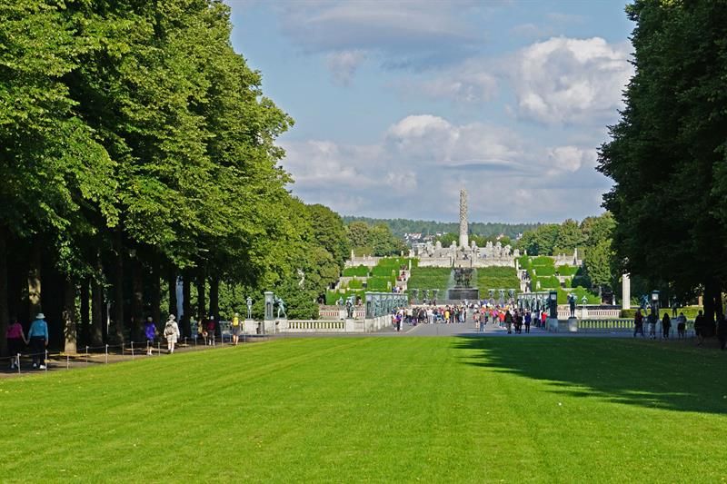 Large green areas with people walking.