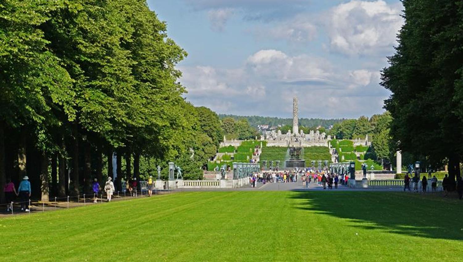 Large green areas with people walking.